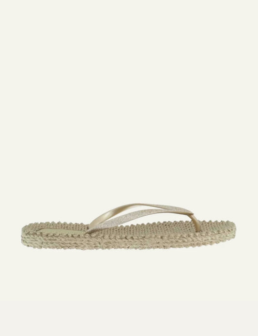 Ilse Jacobsen cheerful flip flops gold glitter straps beige sole side view