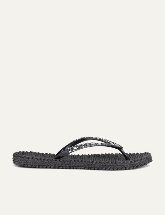 Ilse Jacobsen cheerful flip flops black crystal straps black sole side view