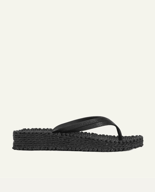 Ilse Jacobsen flip flops black double glitter strap platform braided sole side view