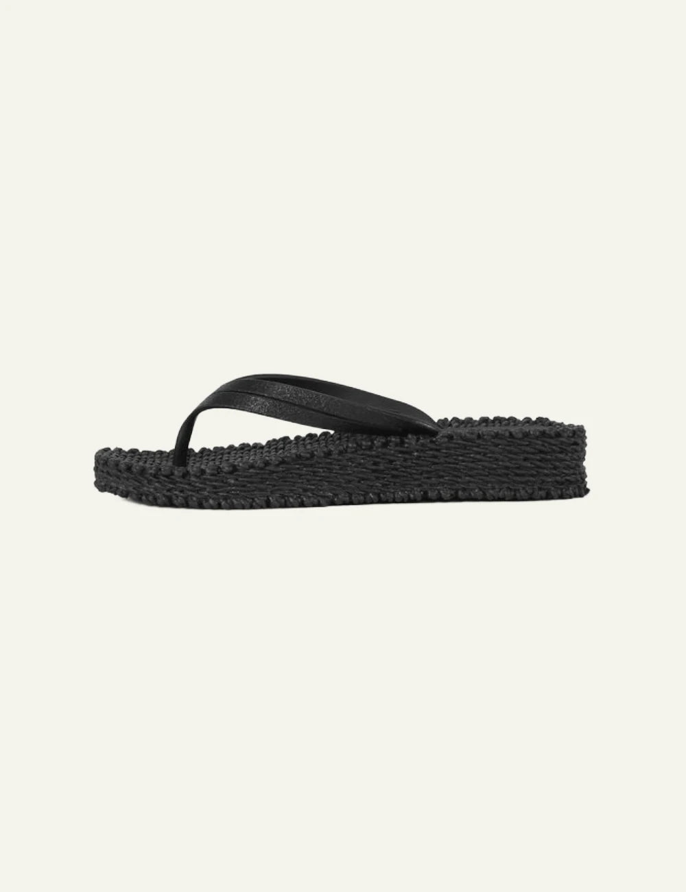 Ilse Jacobsen flip flops black double glitter strap platform braided sole profile view