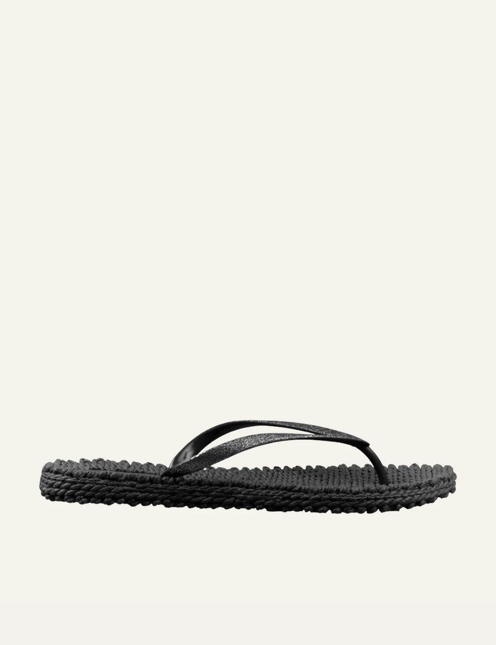 Ilse Jacobsen flip flops black glitter strap braided sole side view