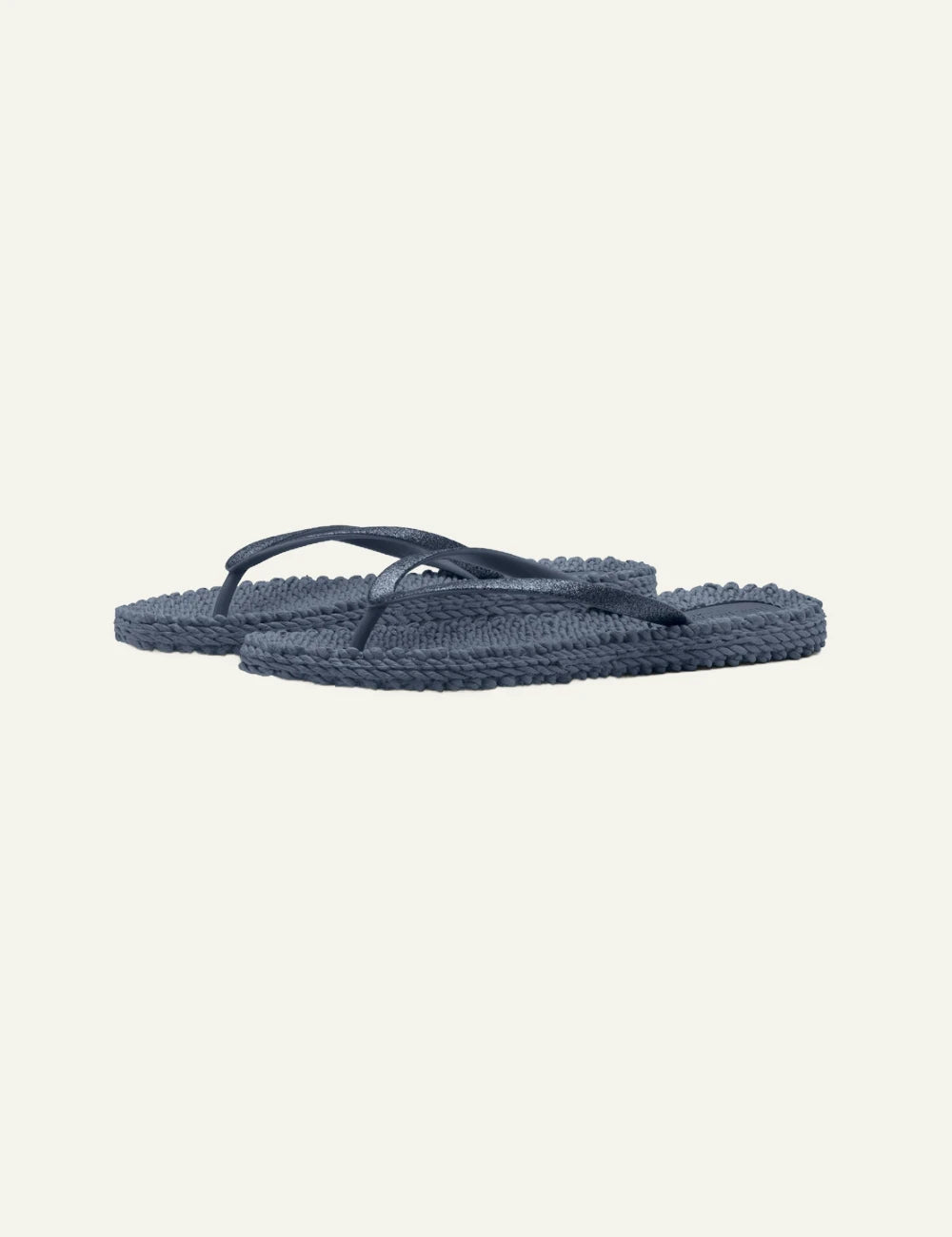 Ilse Jacobsen flip flops blue glitter strap braided sole profile view