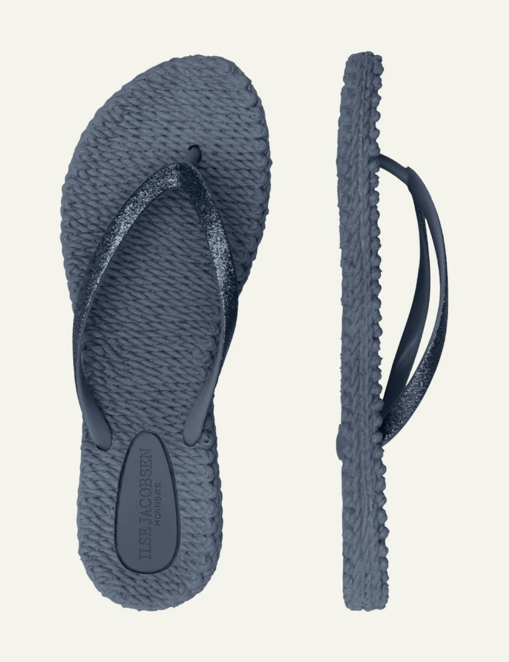 Ilse Jacobsen flip flops blue glitter strap braided sole top view