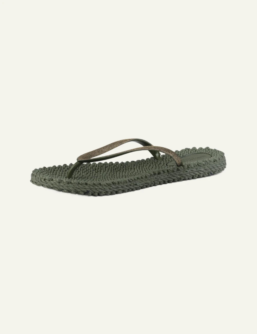 Ilse Jacobsen flip flops green glitter strap braided sole angled view