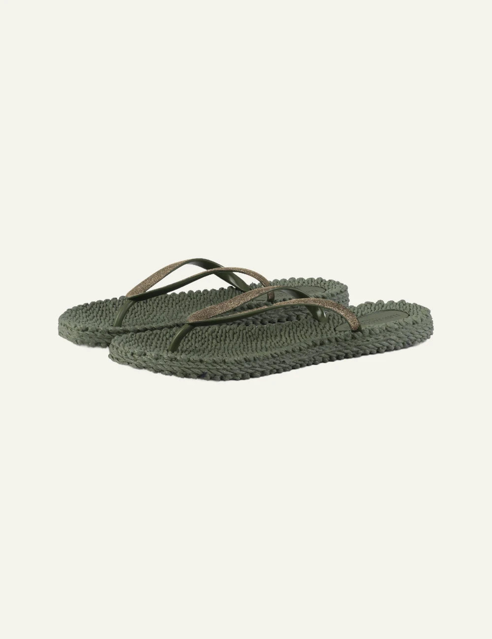Ilse Jacobsen flip flops green glitter strap braided sole angled view