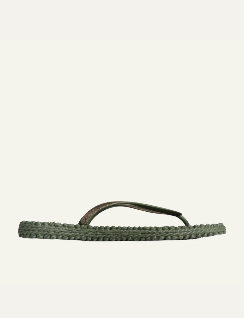 Ilse Jacobsen flip flops green glitter strap braided sole side view