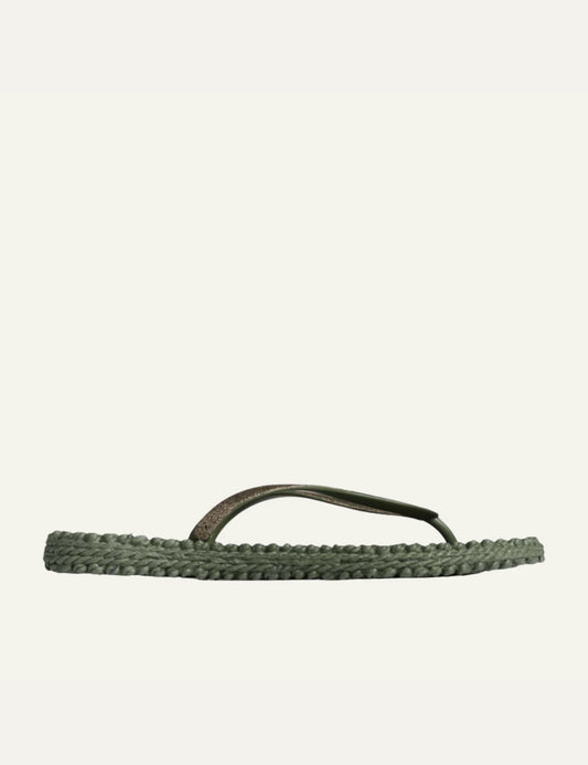 Ilse Jacobsen flip flops green glitter strap braided sole side view