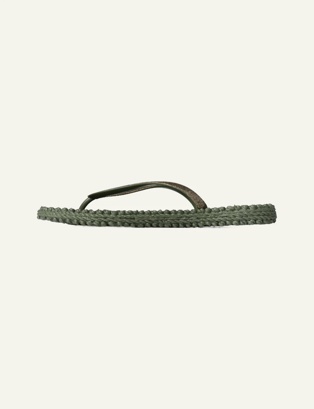 Ilse Jacobsen flip flops green glitter strap braided sole profil view