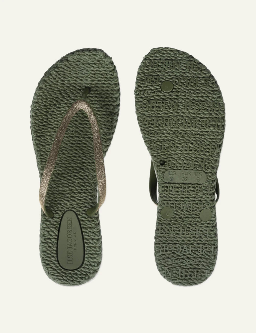 Ilse Jacobsen flip flops green glitter strap braided sole top view