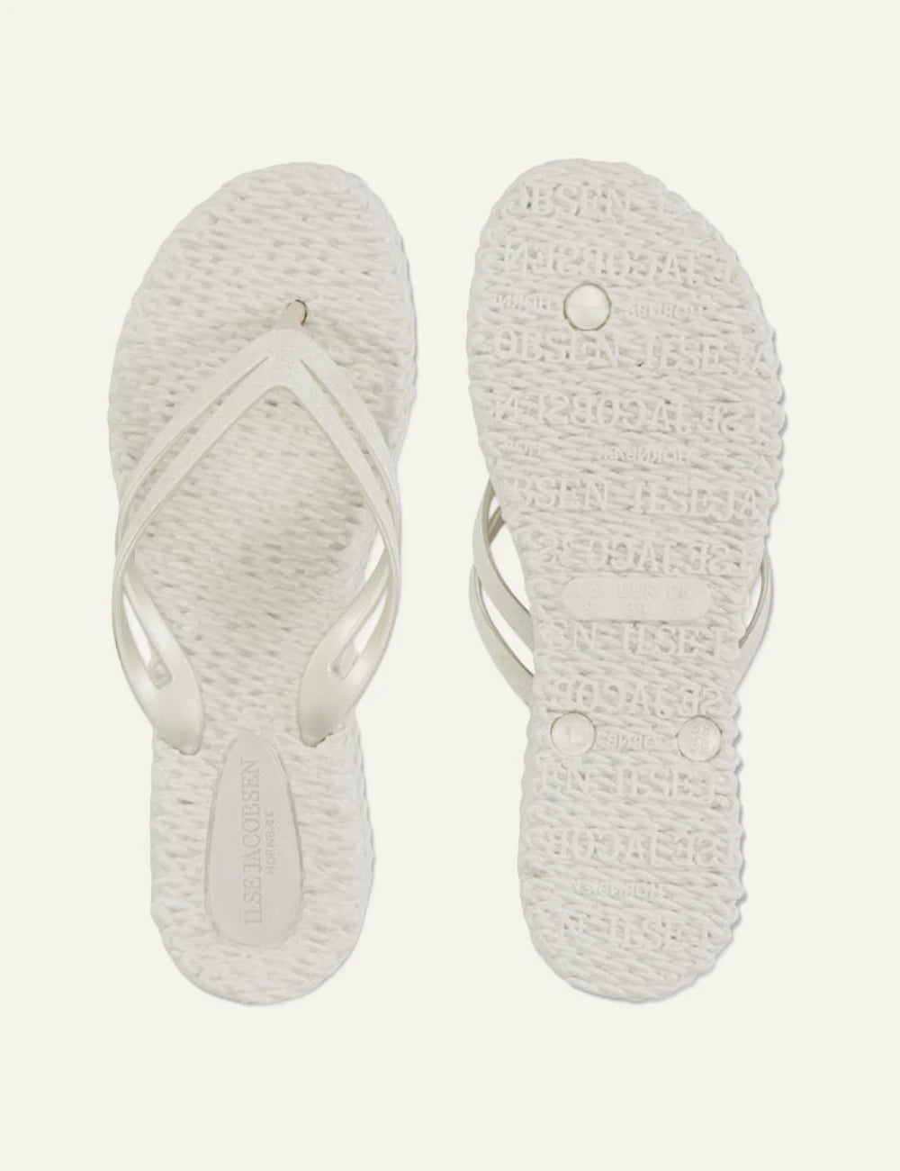 Ilse Jacobsen flip flops off white glitter strap braided sole top view
