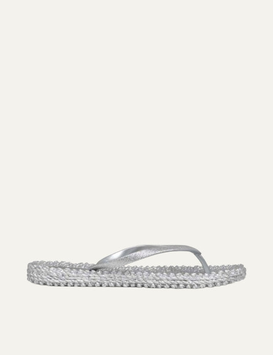 Ilse Jacobsen flip flops silver glitter strap braided sole side view