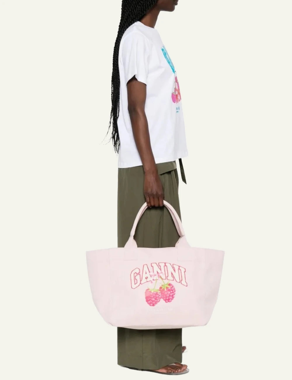Ganni raspberry print canvas shopper bag light pink front view model