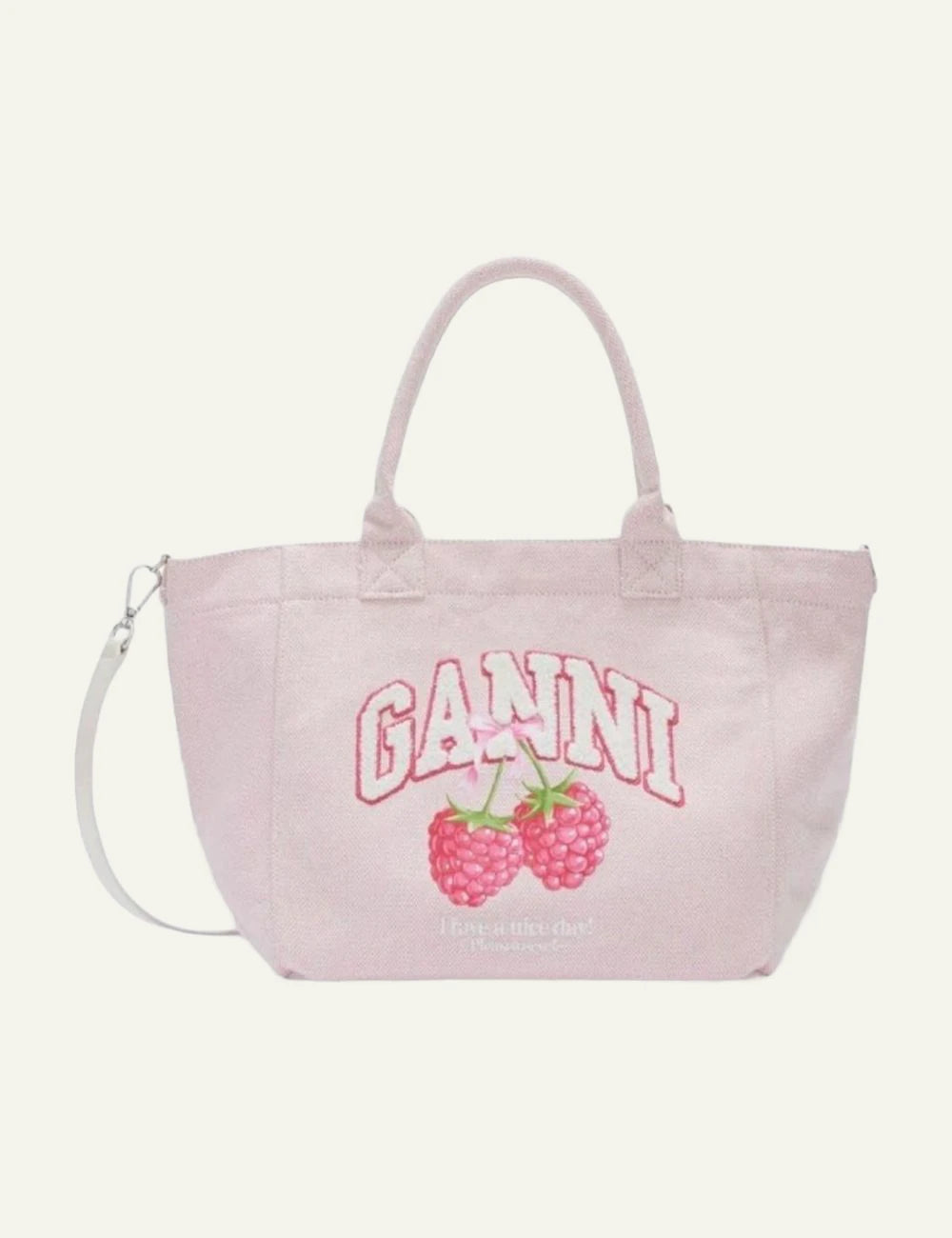Ganni raspberry print canvas shopper bag light pink front view