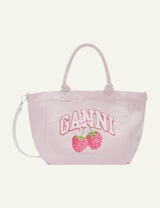 Ganni raspberry print canvas shopper bag light pink front view