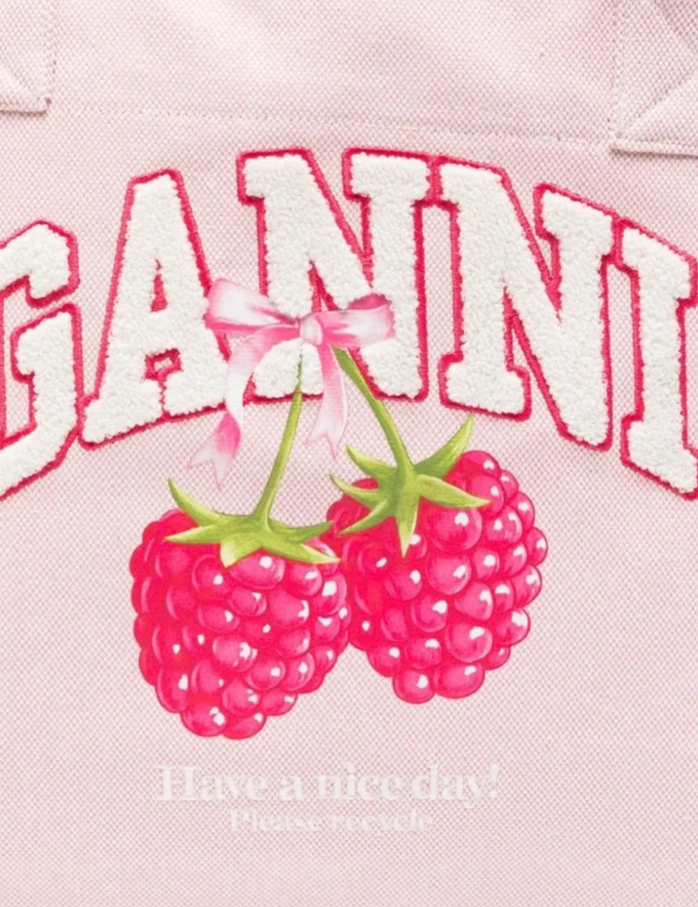 Ganni raspberry print canvas shopper bag light pink front detail view