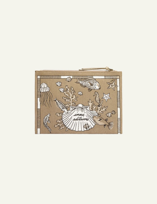 Inoui beige pouch with sea life illustration print front view