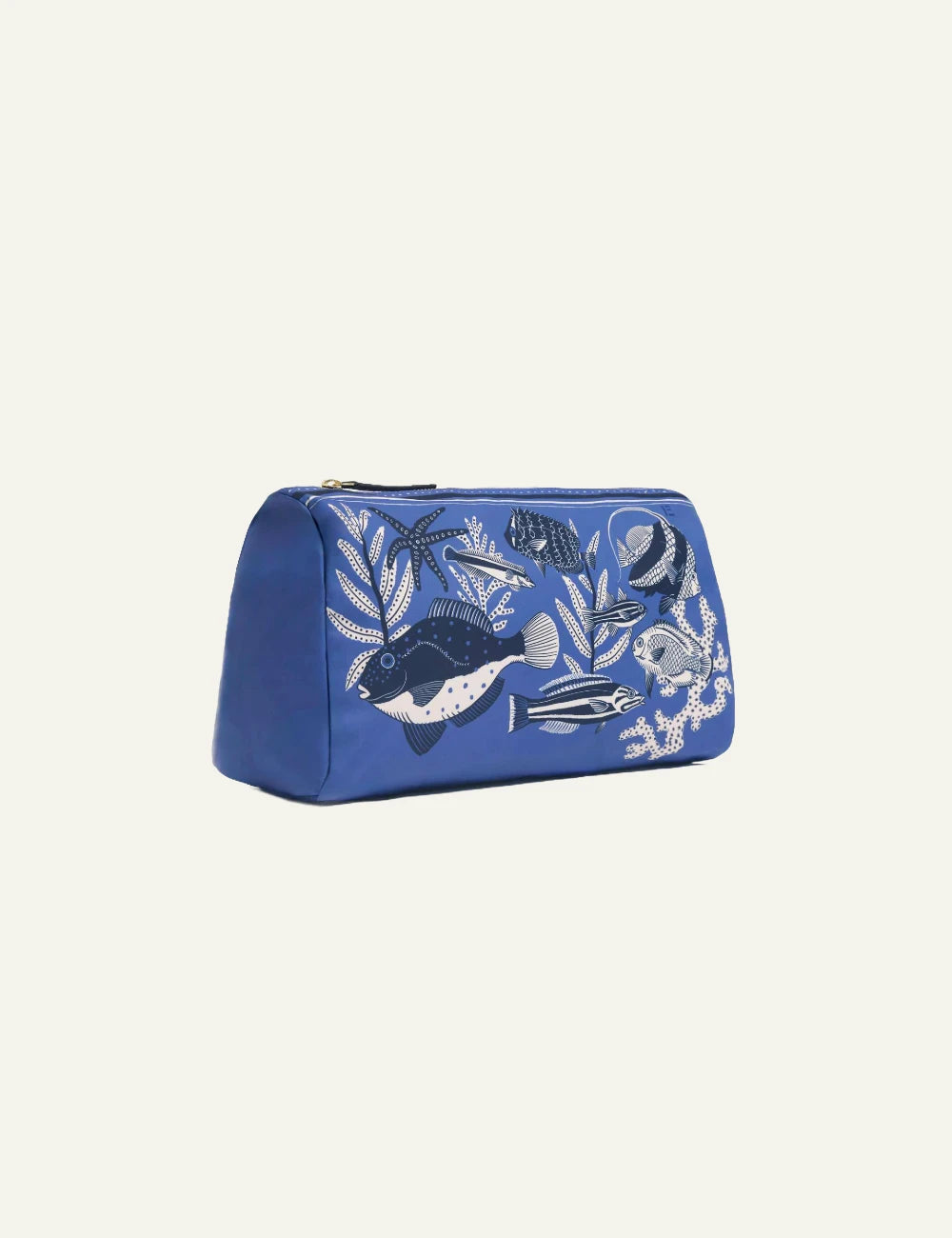 Inoui blue pouch with sea life illustration print angled view
