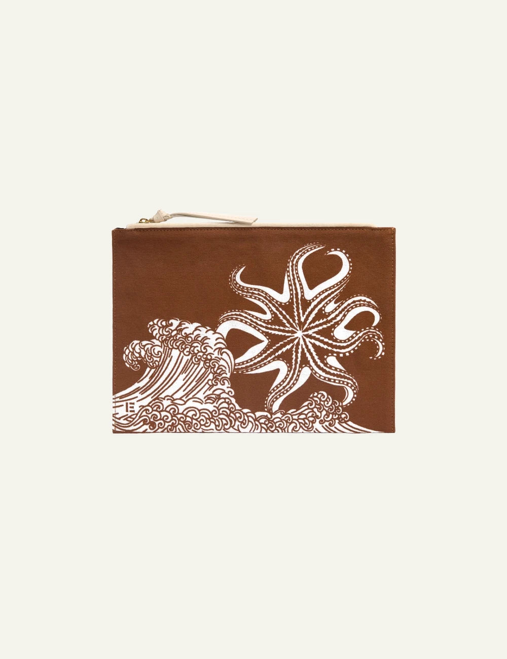 Inoui brown pouch with octopus and wave print front view