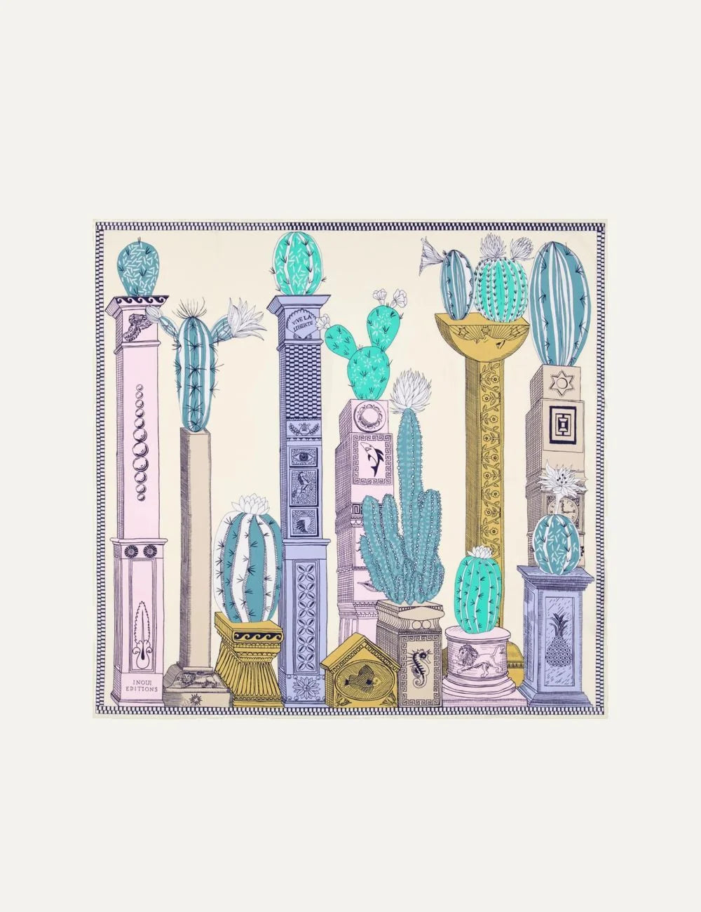 Inoui cactus print square scarf in mint lilac and yellow tones