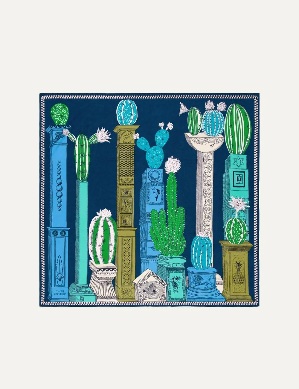 Inoui cactus print square scarf in navy blue and aqua tones