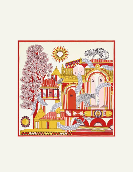 Inoui cotton silk square scarf with architectural and animal print in red yellow tones