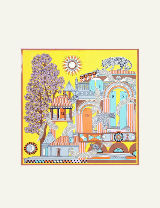 Inoui cotton silk square scarf with colorful architectural and animal print