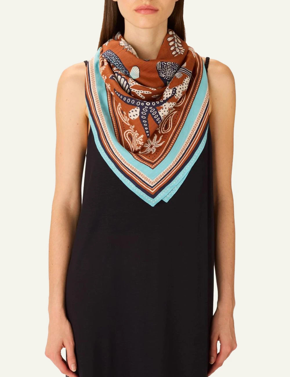 Inoui cotton silk square scarf with colorful artistic hand printed motif model