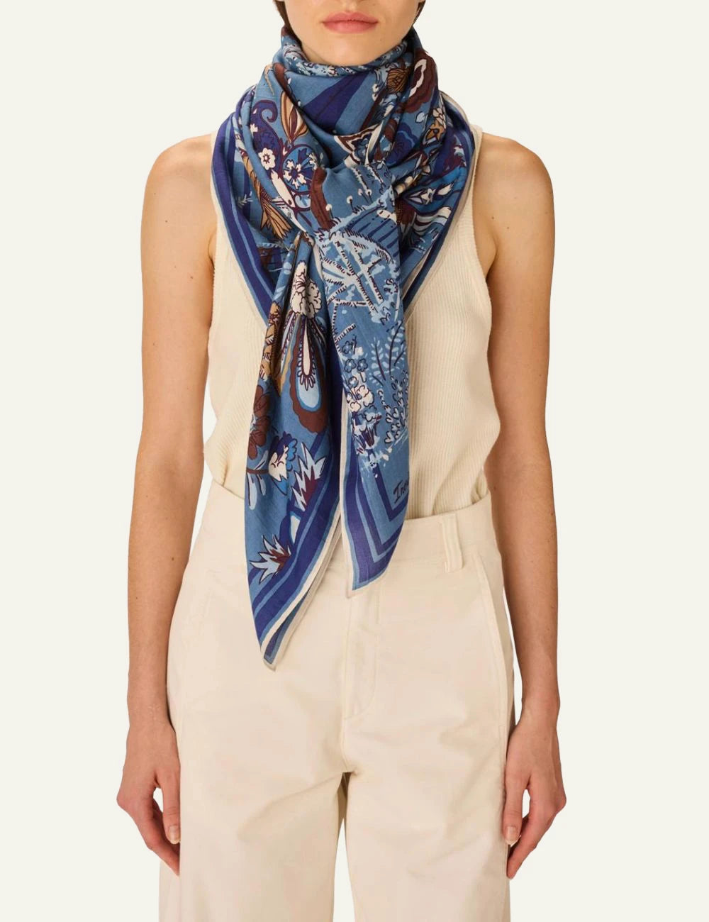 Inoui cotton silk square scarf with colorful botanical hand printed design model