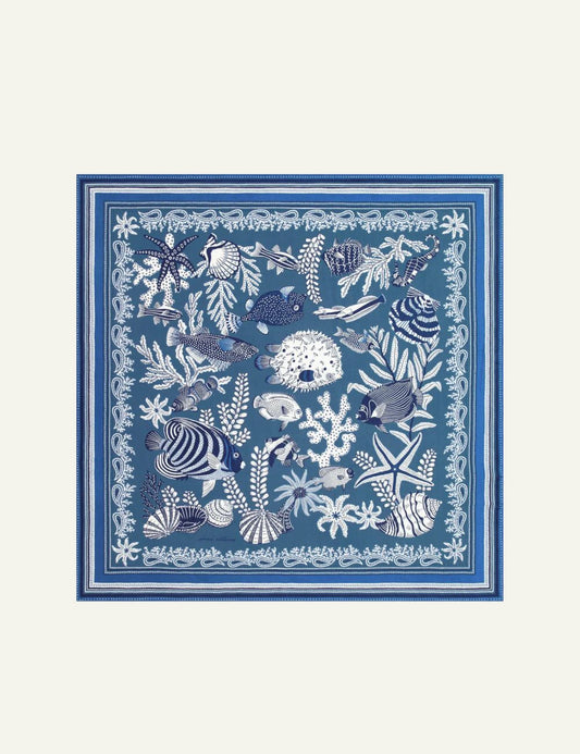 Inoui cotton silk square scarf with blue underwater sea life print