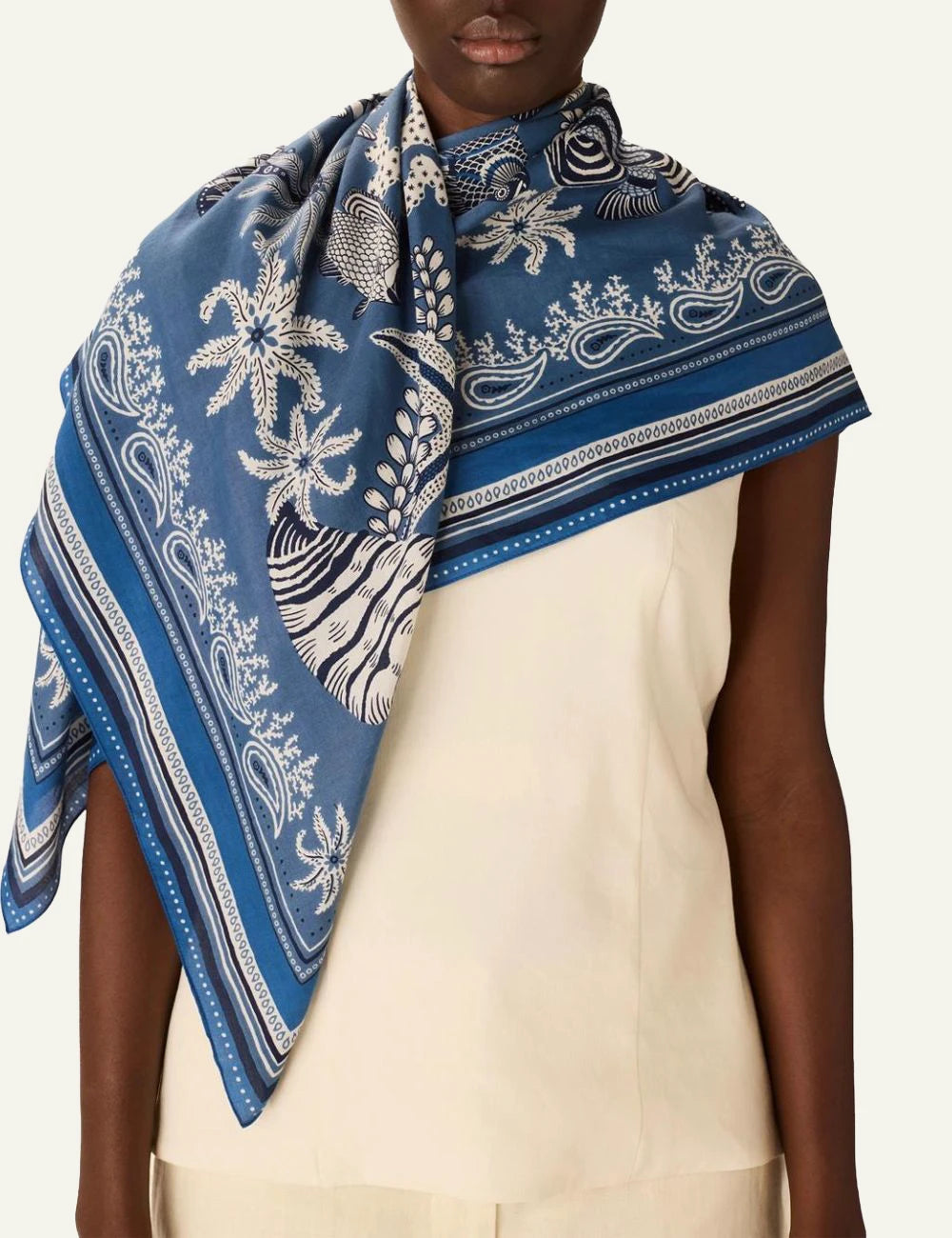 Inoui cotton silk square scarf with blue underwater sea life print model