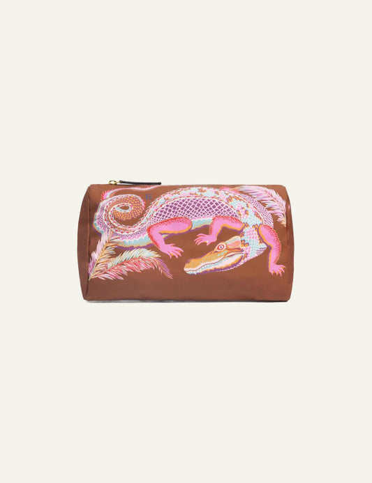 Inoui crocodile print cosmetic pouch in brown and pink tones