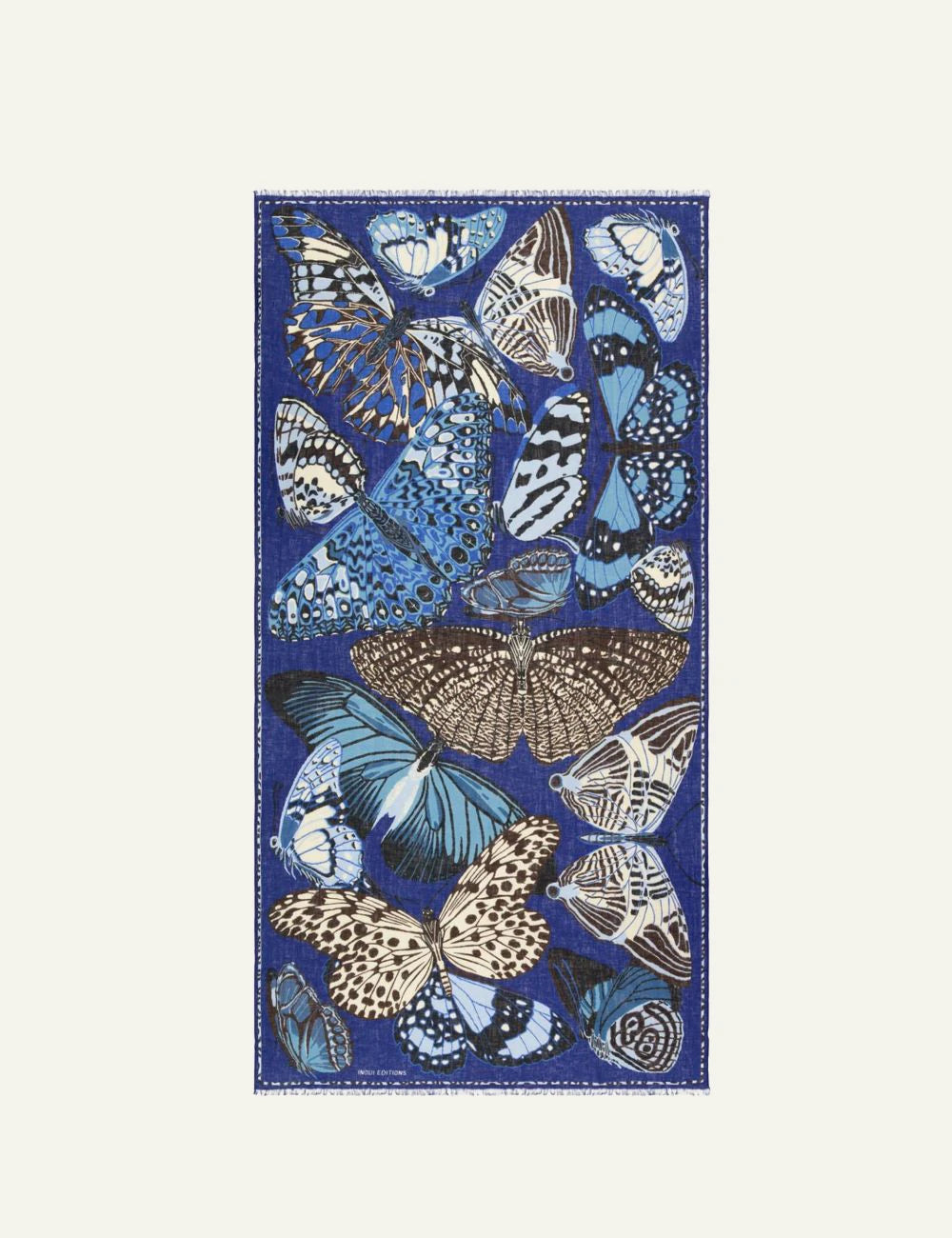 Inoui linen scarf with blue butterfly print and fringed edges