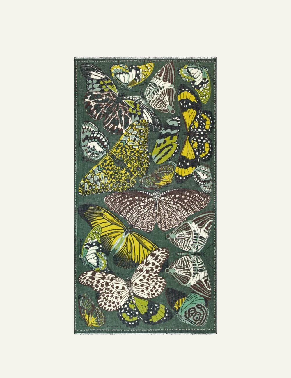 Inoui linen scarf with green and yellow butterfly print