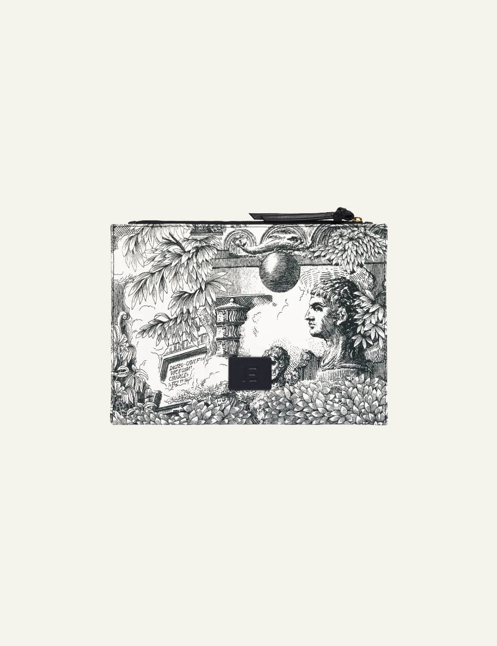 Inoui monochrome pouch with architectural and jungle illustration front view