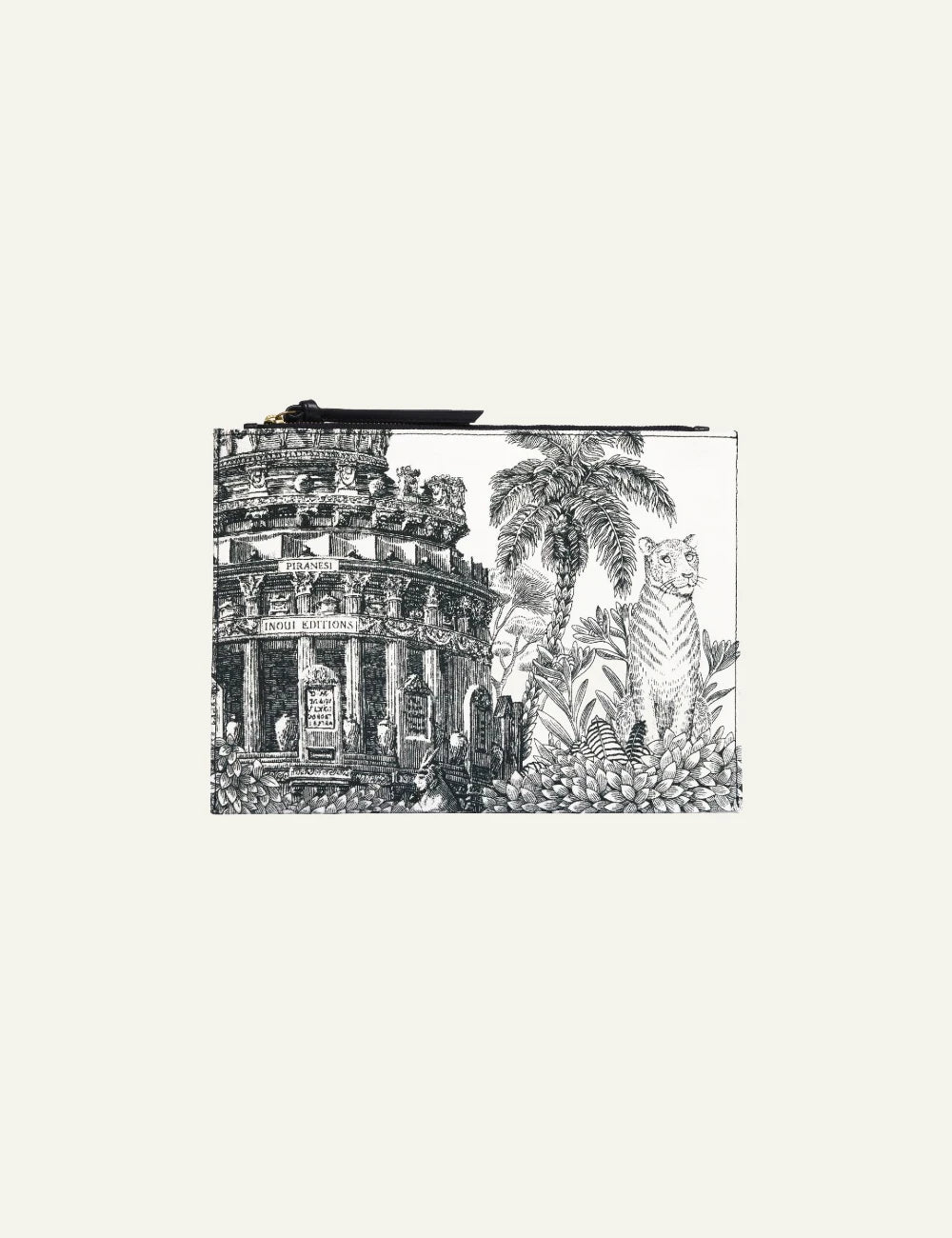 Inoui monochrome pouch with architectural and jungle illustration back view