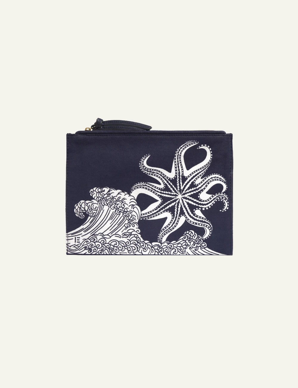Inoui navy pouch with octopus and wave print front view