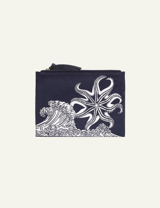 Inoui navy pouch with octopus and wave print front view