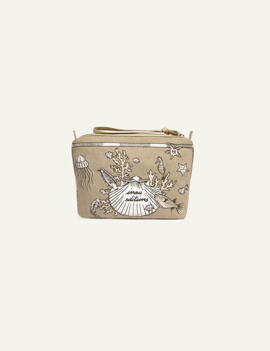 Inoui ocean print pouch ecru with turtle and sea life illustration front view