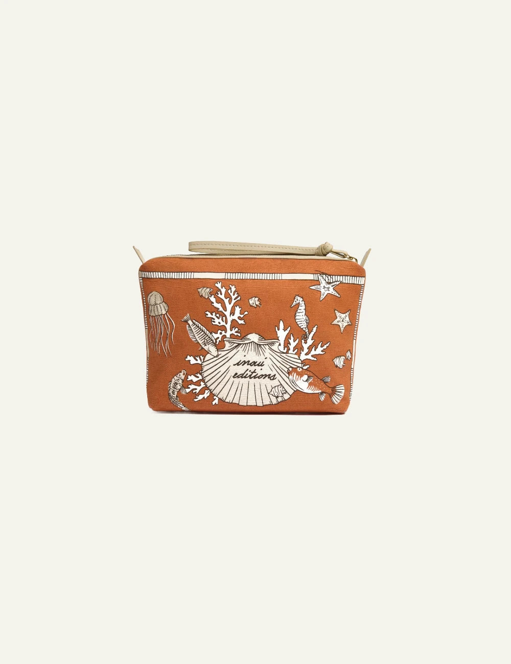 Inoui ocean print pouch orange with turtle and sea life illustration front view