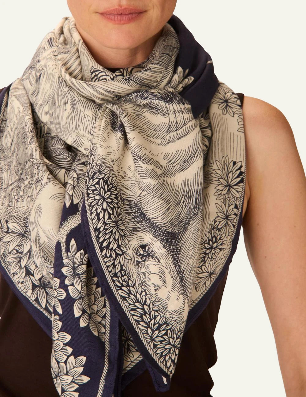 Inoui oversized silk modal scarf with colorful artistic motifs detail