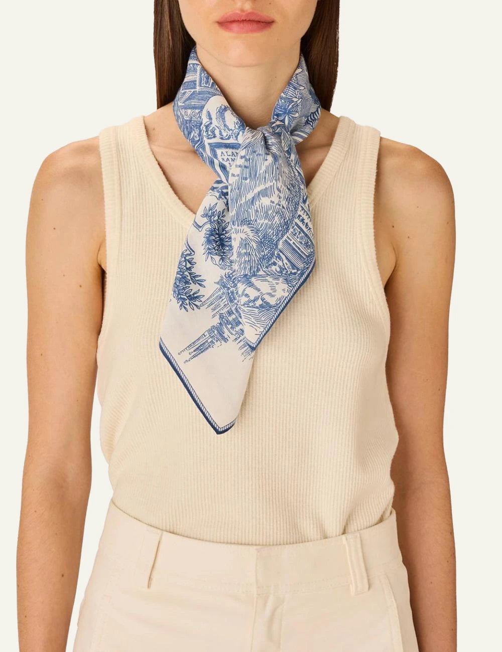 Inoui square scarf with colorful artistic botanical print model
