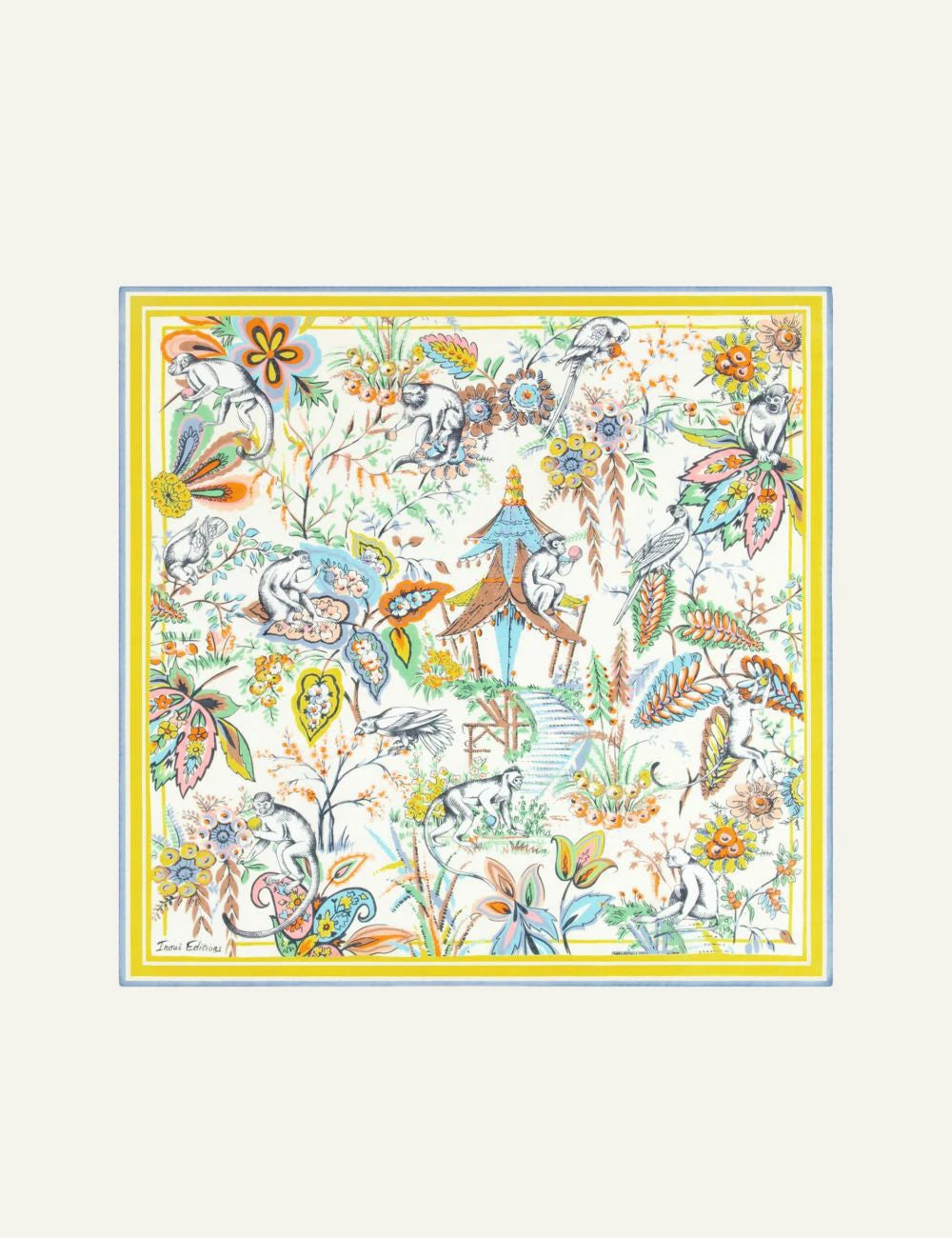 Inoui colorful square scarf with monkey floral and bird illustration