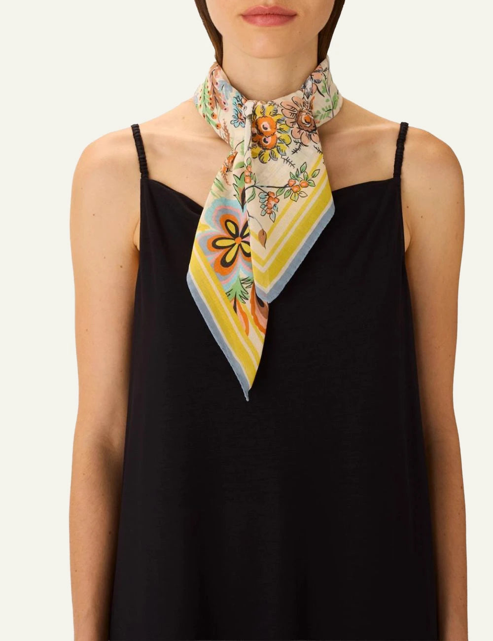 Inoui colorful square scarf with monkey floral and bird illustration model