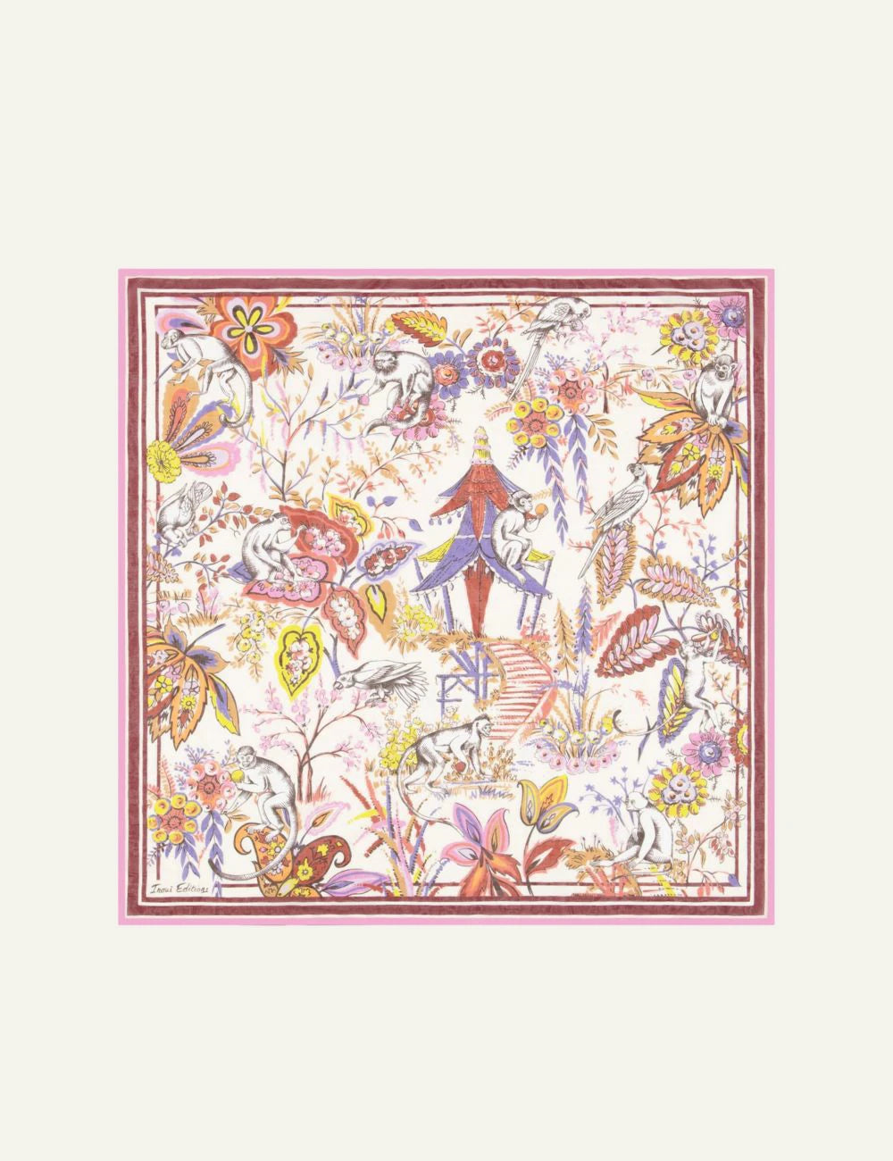Inoui colorful square scarf with monkey and floral illustration