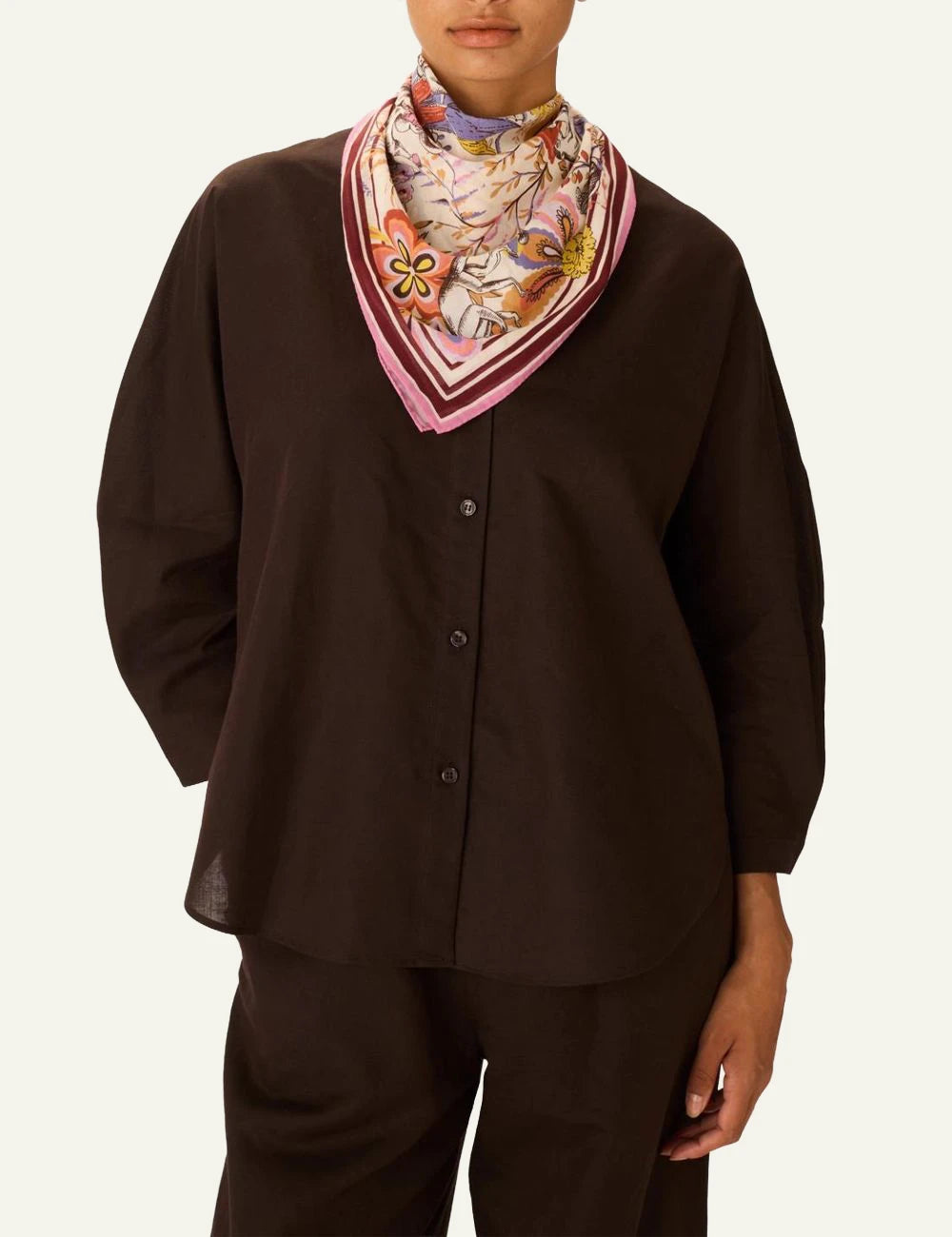 Inoui colorful square scarf with monkey and floral illustration model