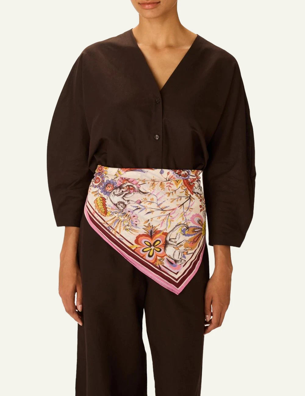 Inoui colorful square scarf with monkey and floral illustration detail