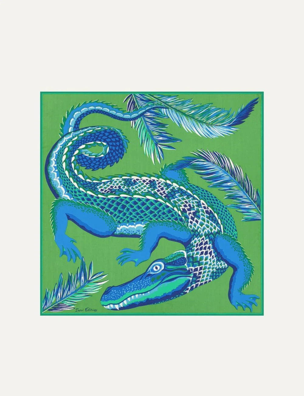 Inoui square silk modal scarf with blue crocodile print on green background