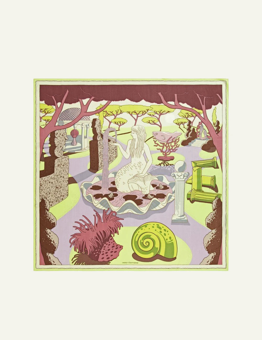 Inoui square silk modal scarf with mermaid and artistic landscape print