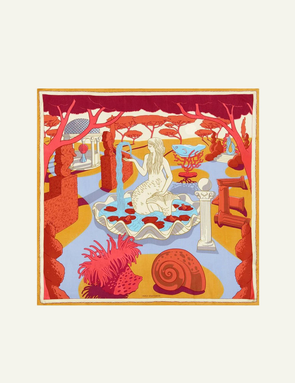 Inoui square silk modal scarf with mermaid and mythology illustration