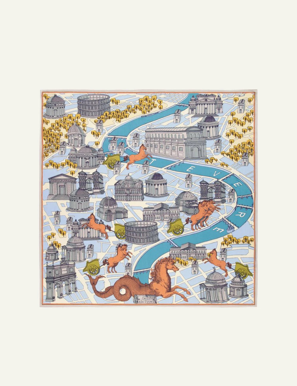 Inoui square silk modal scarf with Rome map and architectural print
